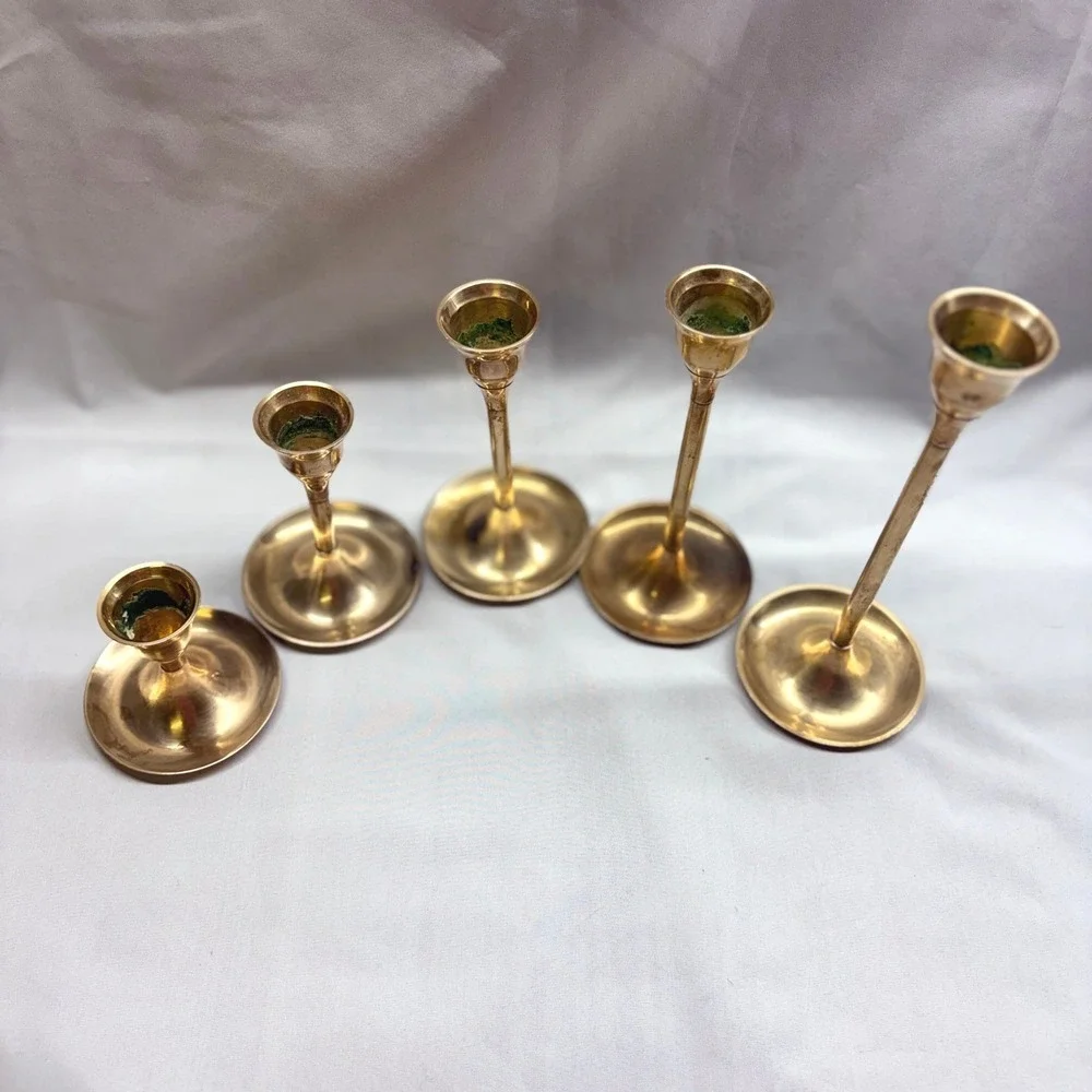 Unbranded Brass Candlestick Holders Set of 5 Gold Good Graduated Mid Century